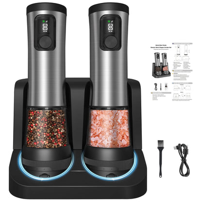 Two electric pepper grinders with digital displays on a white background, including accessories.