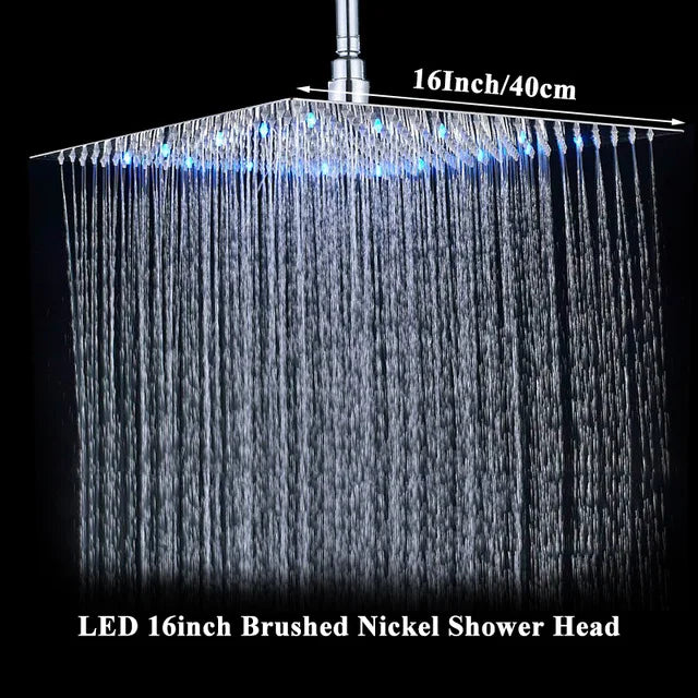 Chrome LED Light Bathroom Shower Head 16 inch Big Rainfall Shower Faucets Accessory Top Square Brass Ultra-thin Shower Head - Home Fusion