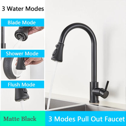Brushed Nickel Kitchen Faucet Flexible Pull Out Nozzle Kitchen Sink Mixer Tap Stream Sprayer Head Deck Black Hot Cold Water Taps - Home Fusion