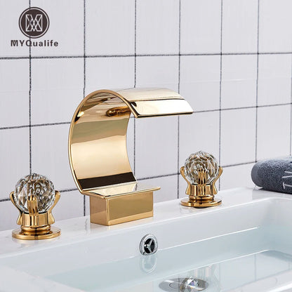 Luxurious Gold Bathroom Basin Faucet Brass  Gold Bathroom Basin Faucet Brass Deck Mounted Double handle Cold and Hot Waterfall Basin faucet Home Fusion
