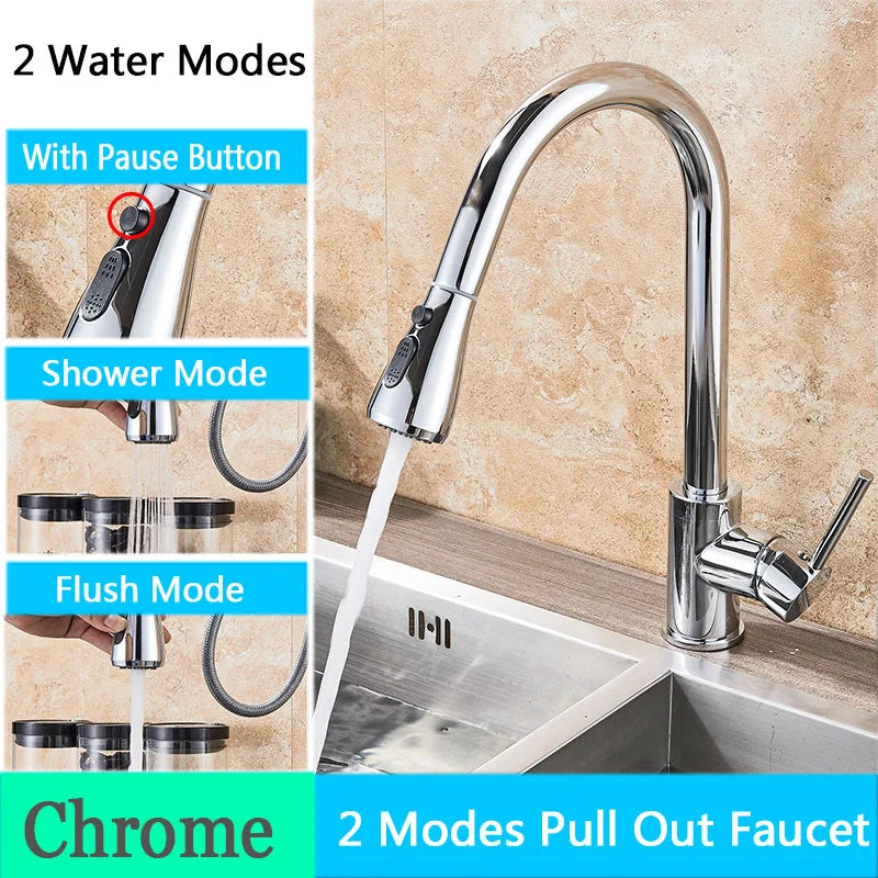 Brushed Nickel Kitchen Faucet Flexible Pull Out Nozzle Kitchen Sink Mixer Tap Stream Sprayer Head Deck Black Hot Cold Water Taps - Home Fusion