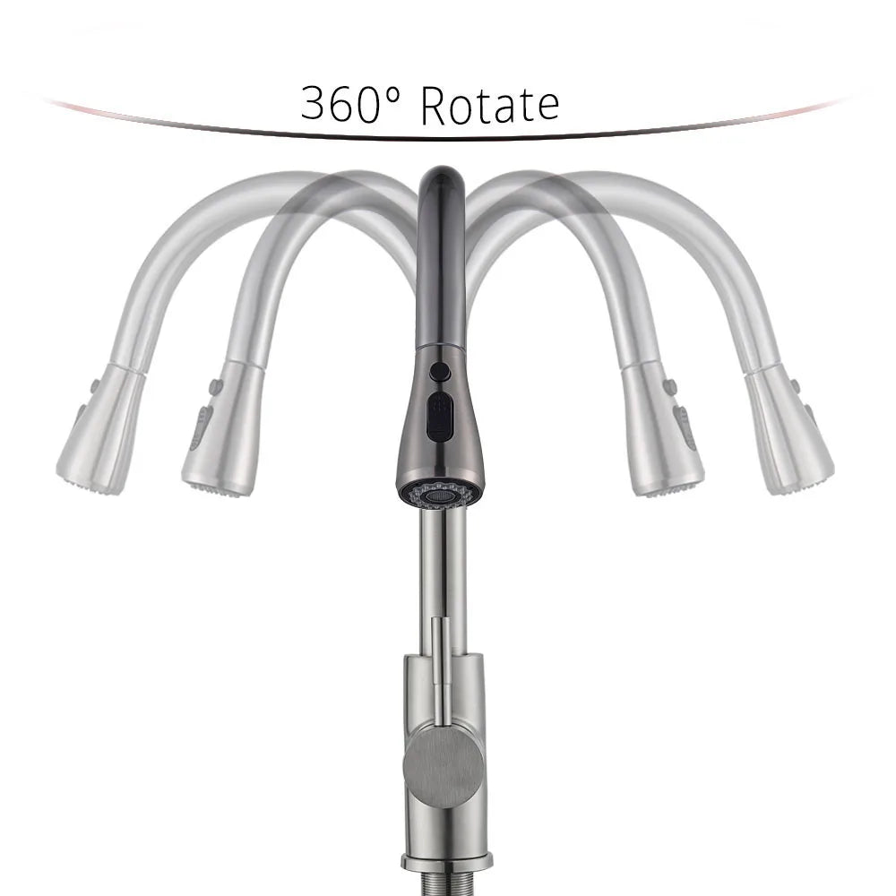 Brushed Nickel Kitchen Faucet Flexible Pull Out Nozzle Kitchen Sink Mixer Tap Stream Sprayer Head Deck Black Hot Cold Water Taps - Home Fusion
