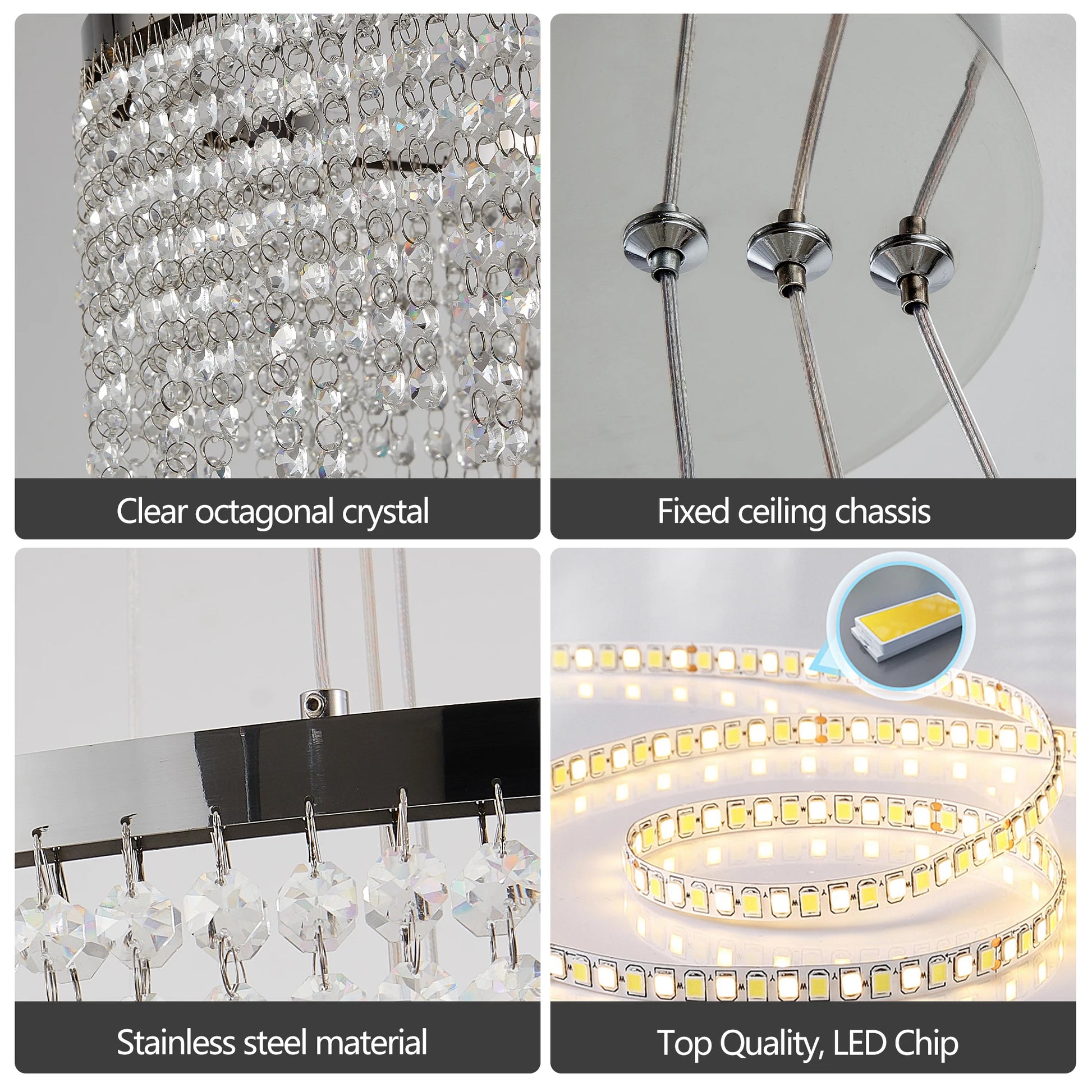 Collage of a chandelier with clear octagonal crystal, fixed ceiling chassis, stainless steel material, and top quality LED chip. Modern LED Crystal Chandelier 16" Round – 3-Layer Adjustable Dining Room Pendant Light. 076823-f9.myshopify.com
