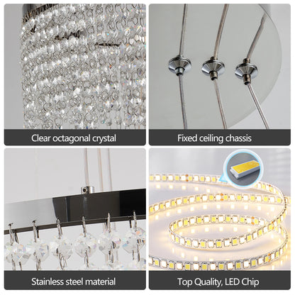 Collage of a chandelier with clear octagonal crystal, fixed ceiling chassis, stainless steel material, and top quality LED chip. Modern LED Crystal Chandelier 16" Round – 3-Layer Adjustable Dining Room Pendant Light. 076823-f9.myshopify.com