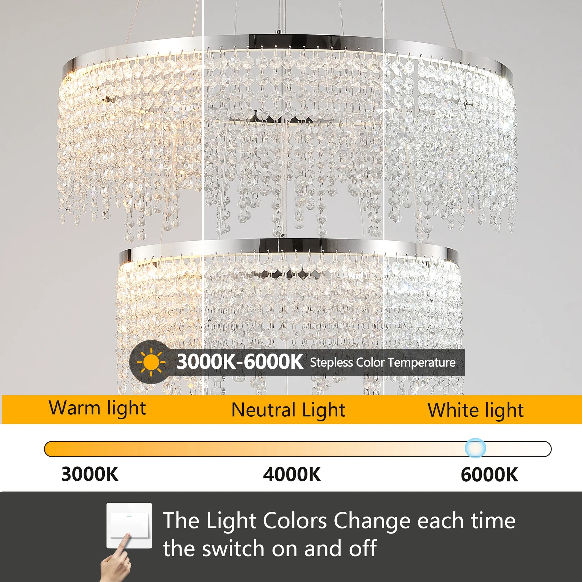 Chandelier with color temperature and light color options displayed on a gray background Modern LED Crystal Chandelier 16" Round – 3-Layer Adjustable Dining Room Pendant Light. 076823-f9.myshopify.com