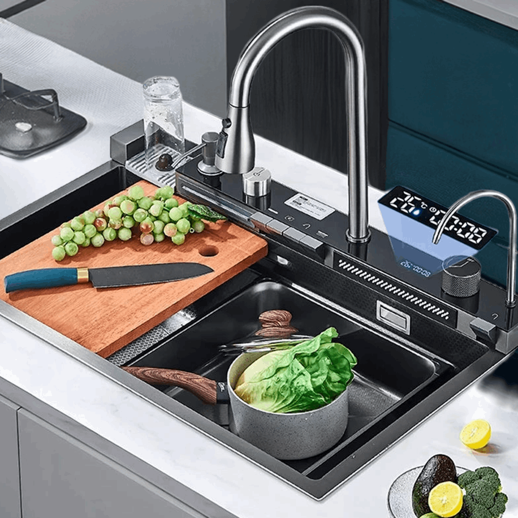 304 Stainless Steel Waterfall Kitchen Sink Large Single Slot Integrated Digital Display Faucet Set Soap Dispenser Cup Washer Home Fusion