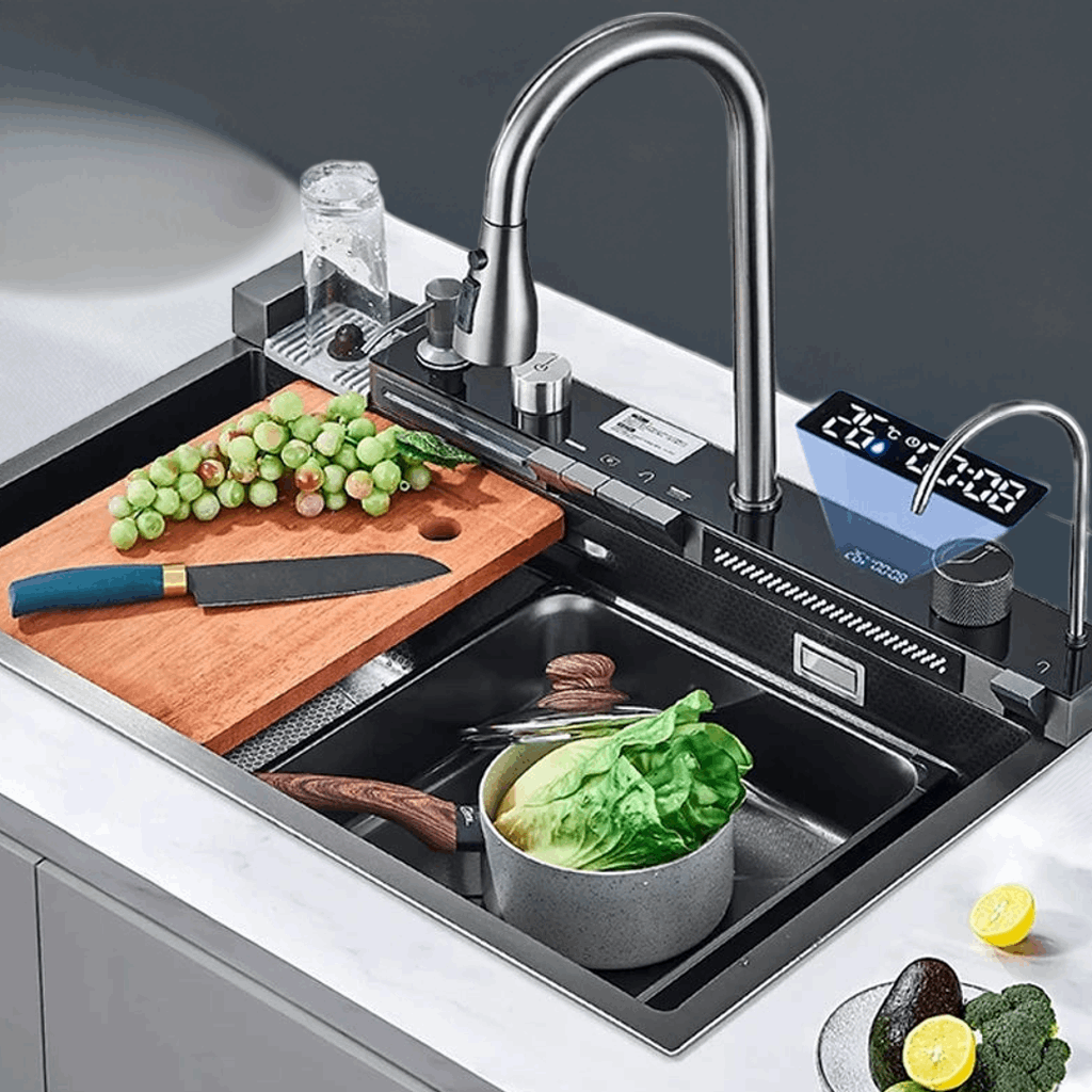304 Stainless Steel Waterfall Kitchen Sink Large Single Slot Integrated Digital Display Faucet Set Soap Dispenser Cup Washer Home Fusion
