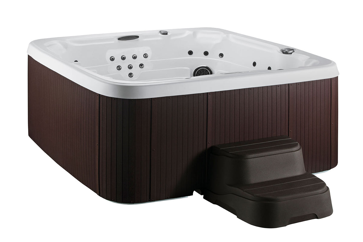 Hot tub with brown exterior and white top on a white background