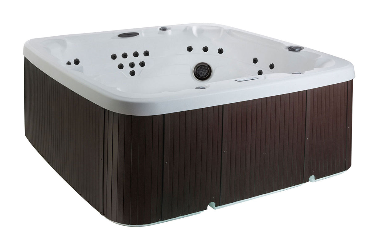 Hot tub with white top and brown sides on a white background