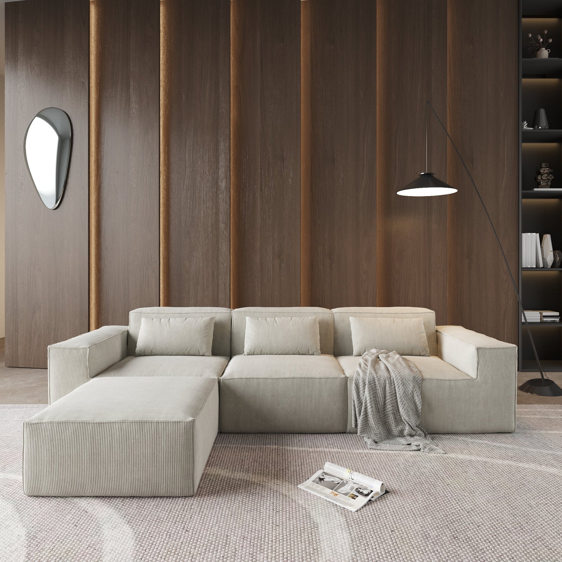 Modular Sectional Couches Set,  Convertible U Shaped Sofa, Modern Reversible Sofa with Chaise Ottomans, Oversize 4-Seat Corner Sofa for Living Room Bedroom, Beige+Grass Green Pillows Home Fusion