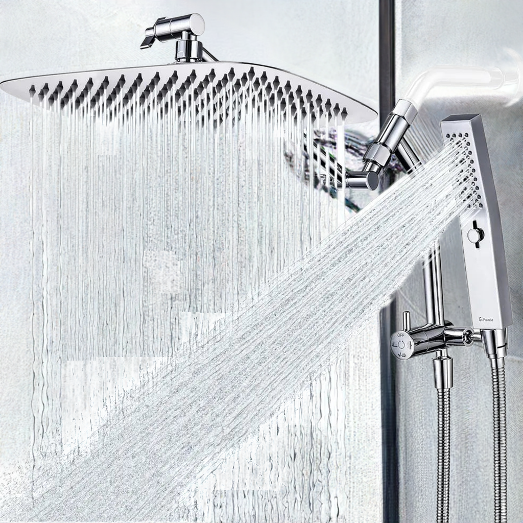 All Metal 12 Inch Shower Head with Massage Mode Handhelde, Rain Shower Head with Handheld Spray Combo, 3-Way Diverter with Paus - Home Fusion
