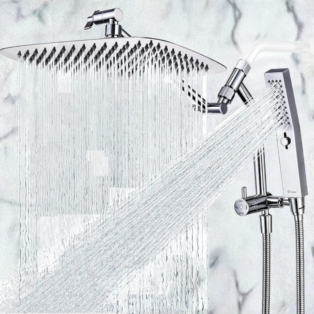 All Metal 12 Inch Shower Head with Massage Mode Handhelde, Rain Shower Head with Handheld Spray Combo, 3-Way Diverter with Paus - Home Fusion