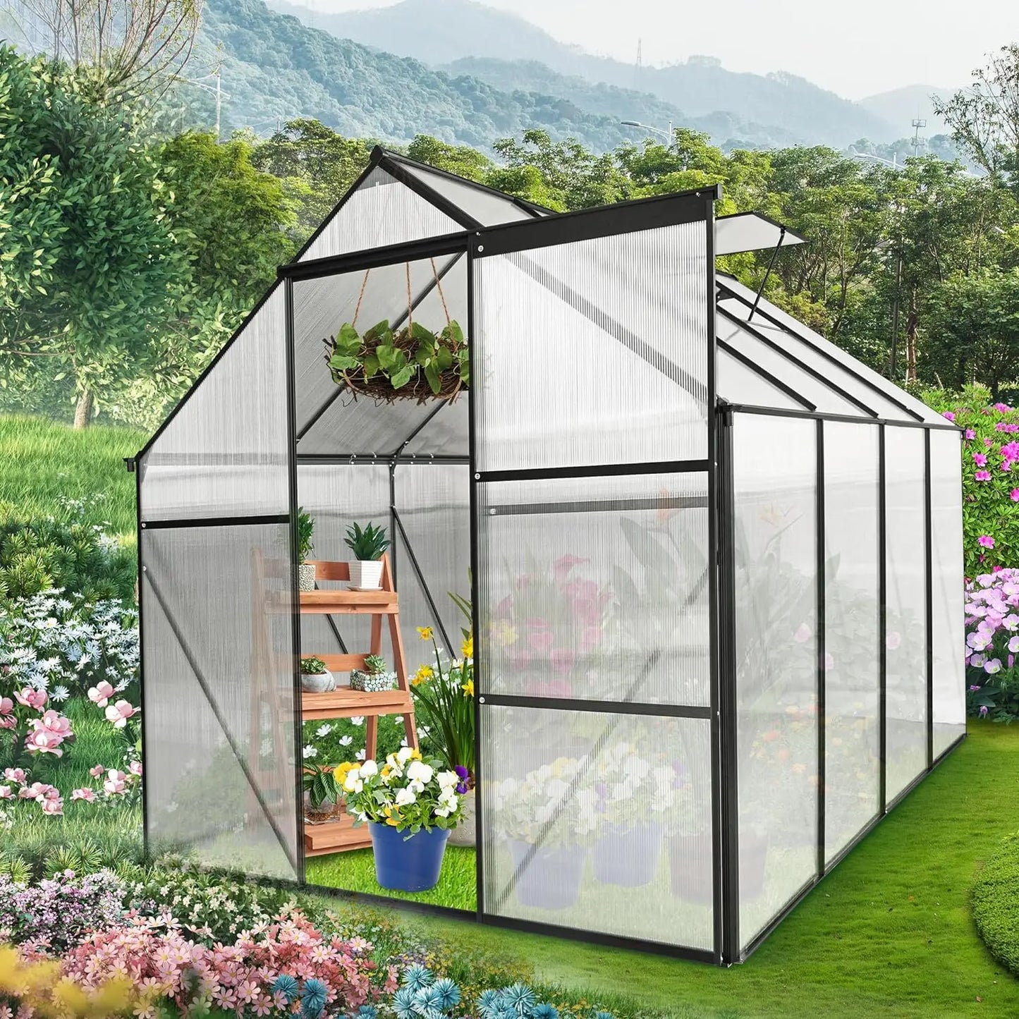 6x8Walk-in  Greenhouse, Weatherproof Aluminum Hot House w/ Raised Base and Sliding Door & Vent for Outdoor Backyard, Black - Home Fusion