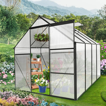6x8Walk-in  Greenhouse, Weatherproof Aluminum Hot House w/ Raised Base and Sliding Door & Vent for Outdoor Backyard, Black - Home Fusion