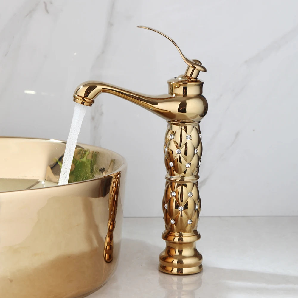 JIENI Bathroom Golden Plated Ceramic Round Combine Faucet Set Diamond Setting Lavatory Washbasin Sink Mixer Faucet w/ Pop Drain - Home Fusion