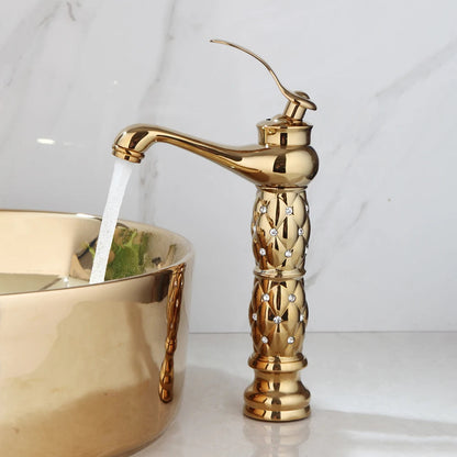 JIENI Bathroom Golden Plated Ceramic Round Combine Faucet Set Diamond Setting Lavatory Washbasin Sink Mixer Faucet w/ Pop Drain - Home Fusion
