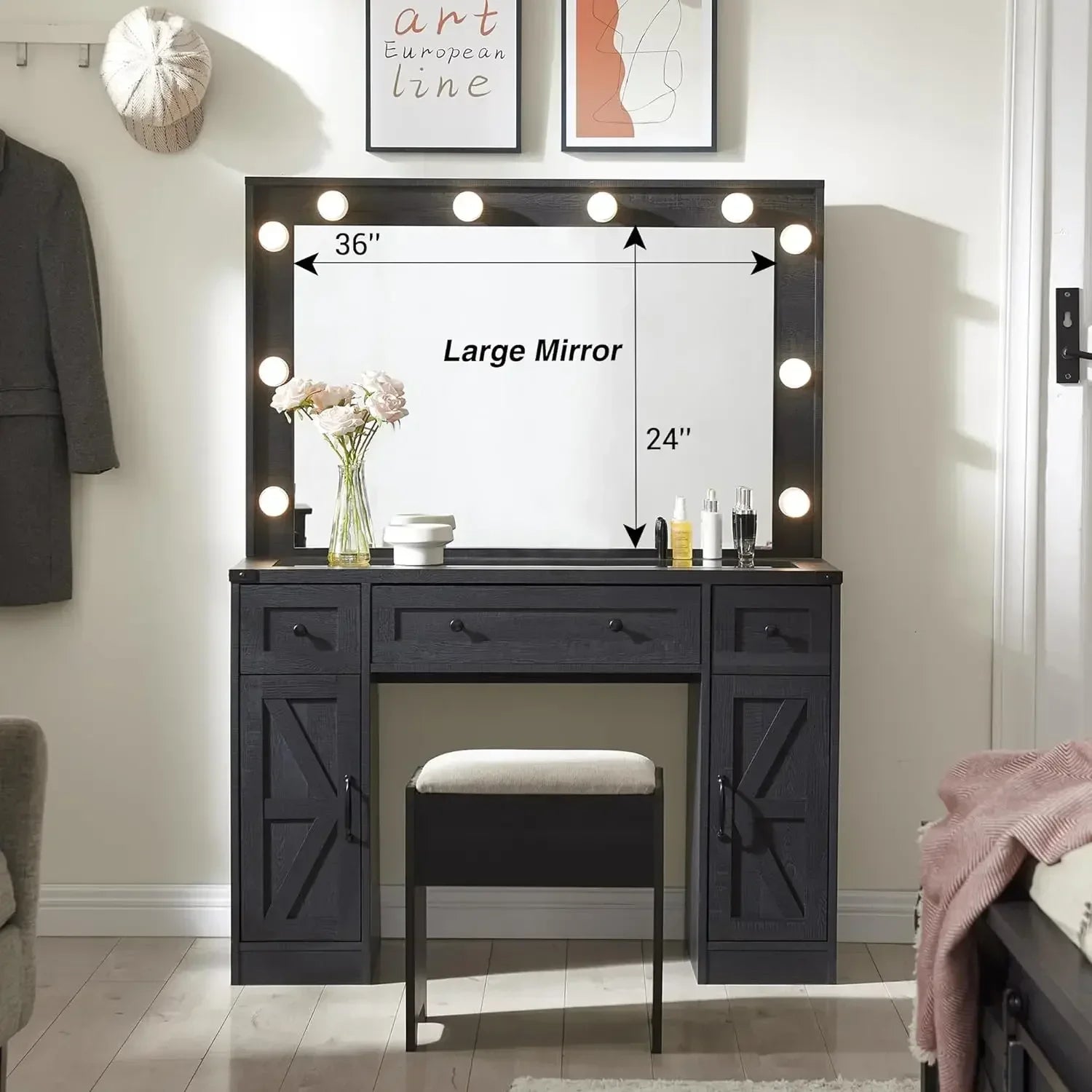 44391446708395 Make-up Dresser with Mirror and Lamp, Farmhouse Dresser Set, Including Stool, Bedroom, Off-white Mirrors for Bedroom 076823-f9.myshopify.com