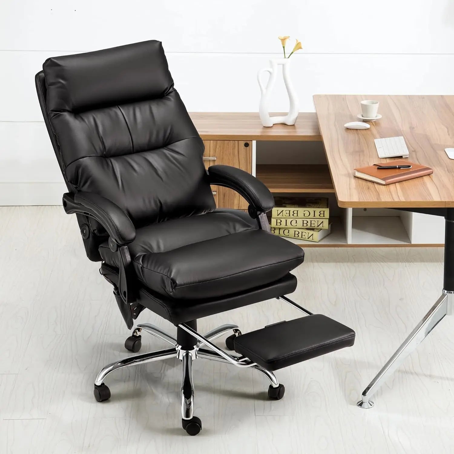 Executive Office Chair, PU Leather Reclining Office Chair with USB and Massage, Heated Office Chair with Footrest - Home Fusion