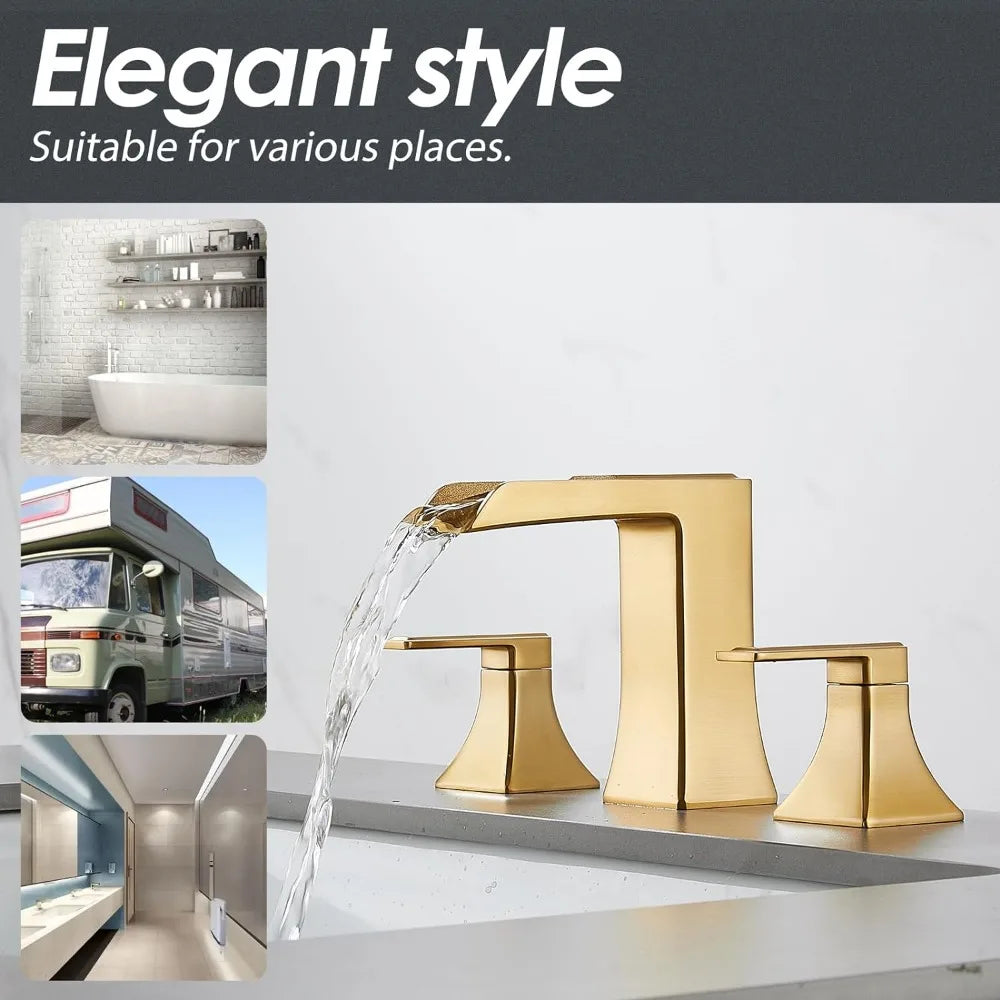 Wide Bathroom Faucet 3 Holes Brushed Gold Bathroom Sink Faucet With Pop-up Drain Wash Hands Sinks Kitchen Basin Luxury Modern - Home Fusion