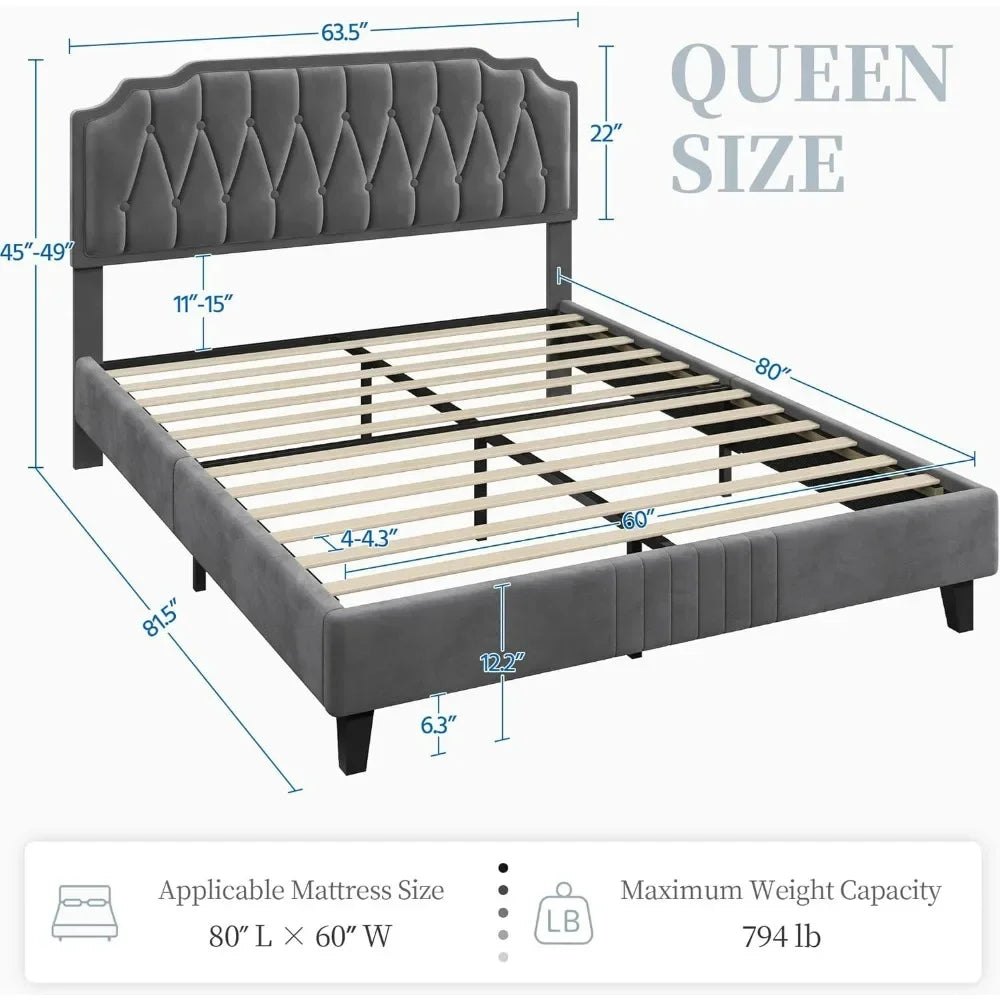 Velvet Upholstered Platform Bed with Curved Headboard. - Home Fusion