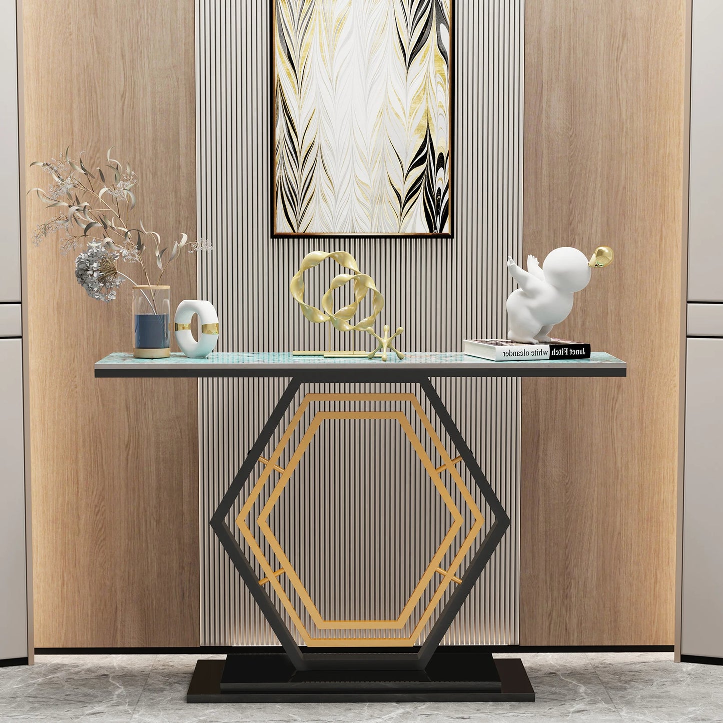 Metal Console Table, Couch Table, Sintered Stone Table Top, Narrow Hallway Tables for Entryway, Front Hall, Hallway, Living Room - Home Fusion