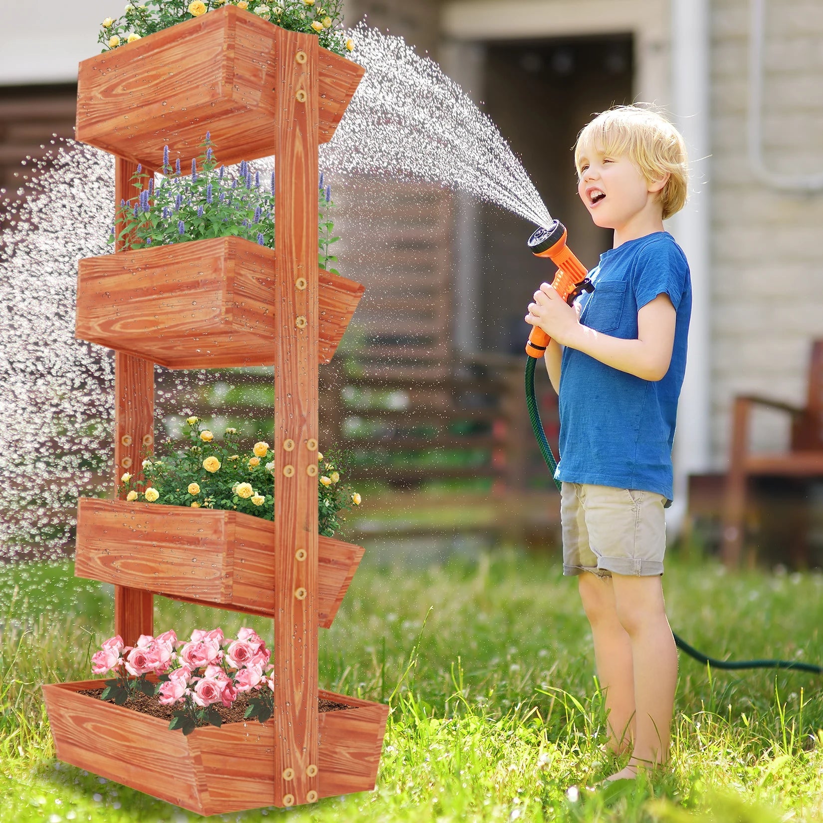 4-Tier Raised Garden Bed, Vertical Flower Pots Rack with Detachable Ladder and Adjustable Shelf, Wooden Elevated Planters Stand Home Fusion