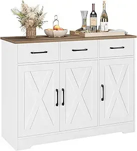 Modern Farmhouse Sideboard Buffet Cabinet, Barn Doors Buffet Storage Cabinet with Drawers and Shelves - Home Fusion