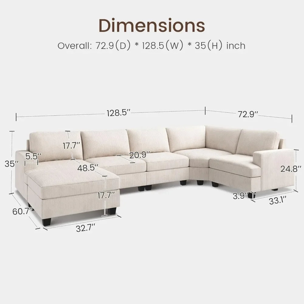 Sectional Sofa with Storage Ottoman, U Shape Sectional Couch Corduroy Modular Sectional Couches for Living Room, Beige - Home Fusion