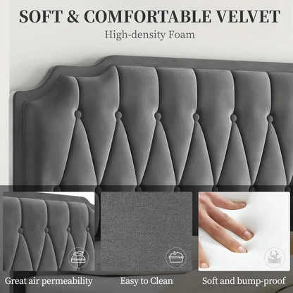 Velvet Upholstered Platform Bed with Curved Headboard. - Home Fusion