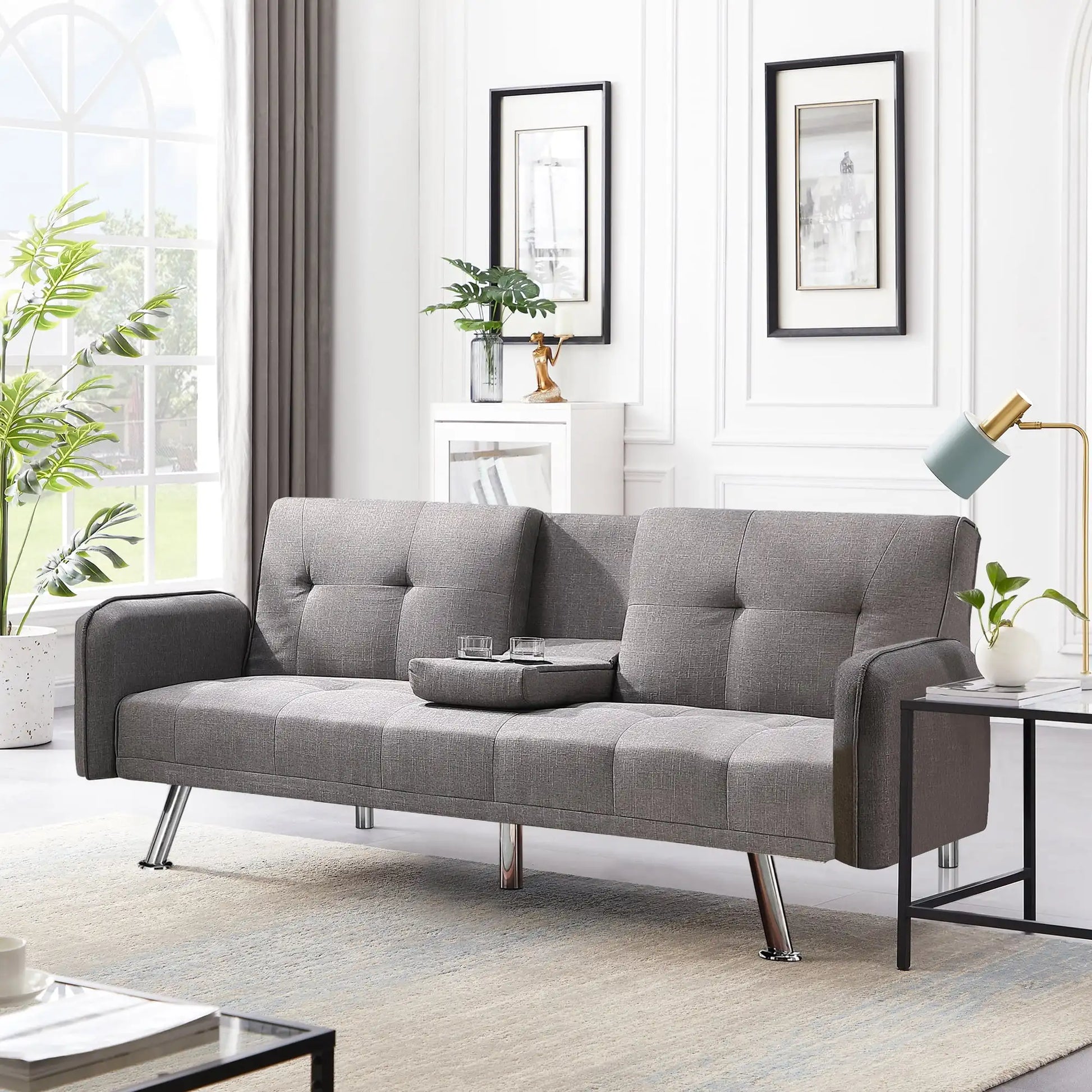 ertible Folding Futon Sofa with Cupholders and Metal Legs for LModern Futon Sofa Bed Linen Upholstered Sofa Couch Coviving Room - Home Fusion