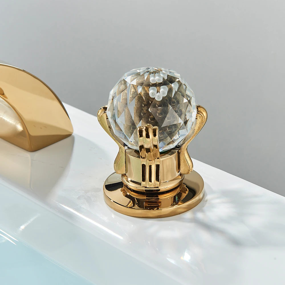 LED Widespread Bathroom Faucet Waterfall Gold Polished Lavatory Faucets Basin Mixer Tap 2 Crystal Knobs 3 Holes - Home Fusion