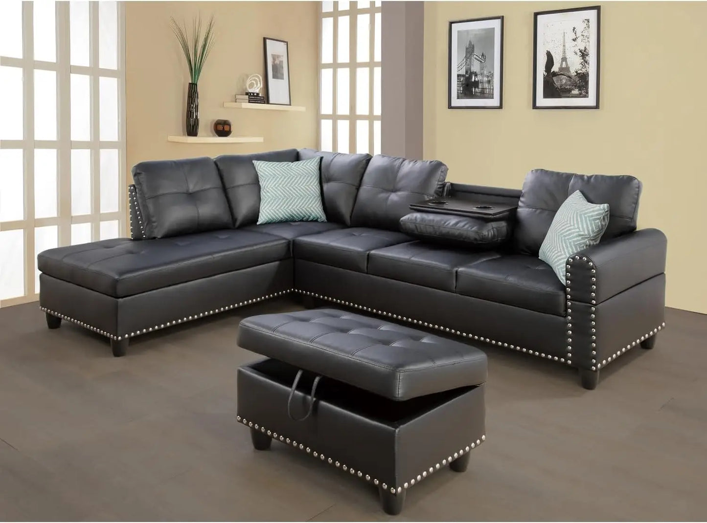 44404351140011 Transitional PU Faux Leather Leather Sectional Sofa with Lift-top Storage Ottoman for Living Room in Black Finish 076823-f9.myshopify.com