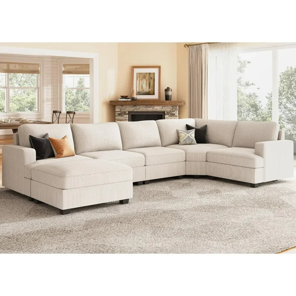Sectional Sofa with Storage Ottoman, U Shape Sectional Couch Corduroy Modular Sectional Couches for Living Room, Beige - Home Fusion