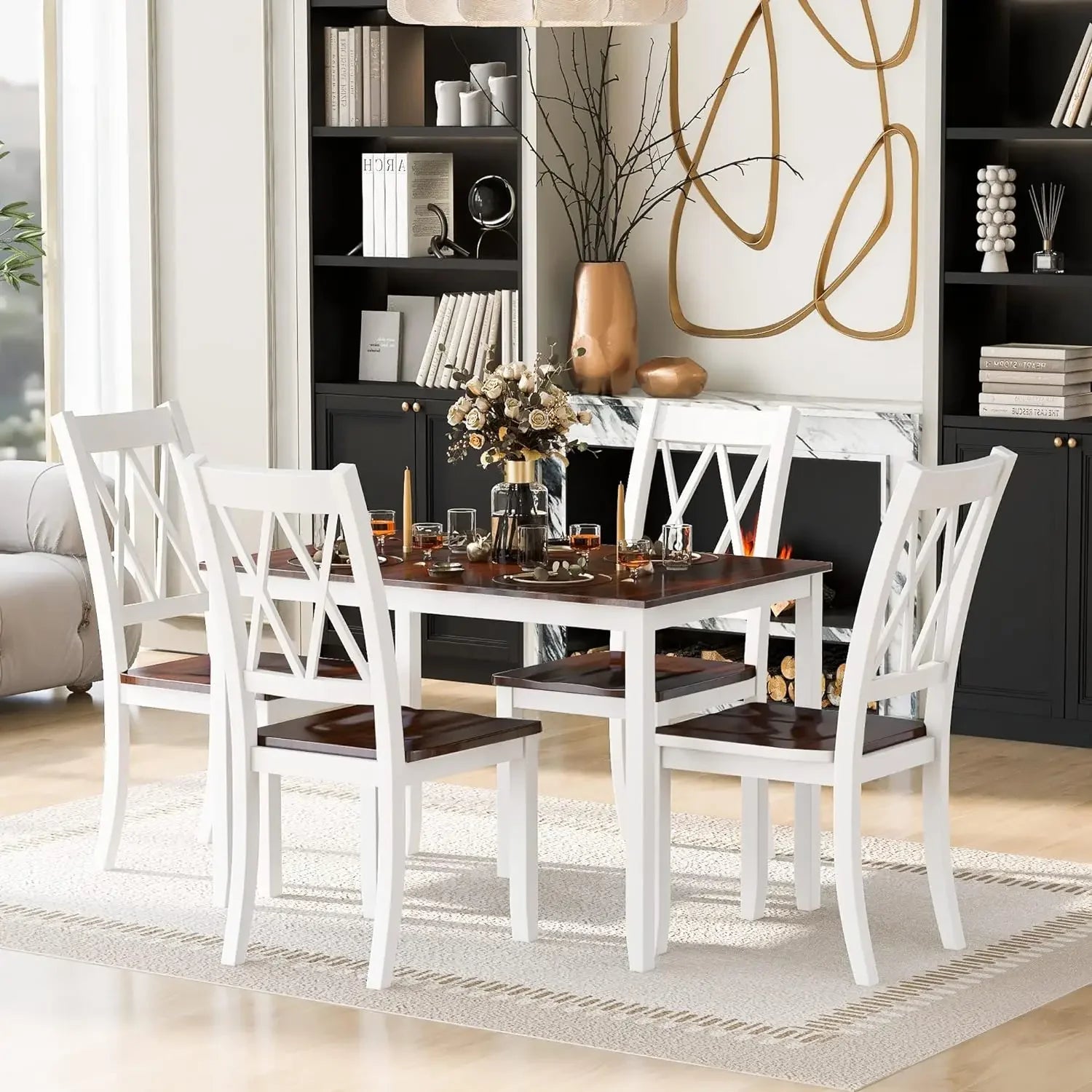 5 Piece Dining Room Table Set for Kitchen with Faux Marble Dining Table and 4 Upholstered-Seat Chairs,Living Room Furniture - Home Fusion