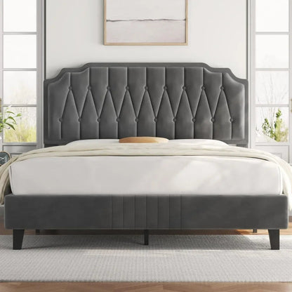 Velvet Upholstered Platform Bed with Curved Headboard. - Home Fusion