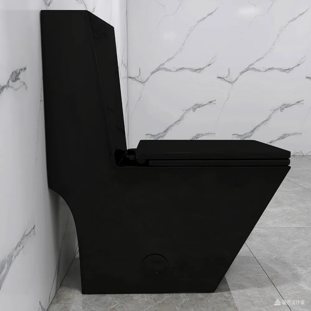 Square One Piece Toilet Black With Gold Button For Modern Bathroom,Diamond-shaped Sleek Design Elonagted Rectangle Glossy Black - Home Fusion