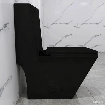 Square One Piece Toilet Black With Gold Button For Modern Bathroom,Diamond-shaped Sleek Design Elonagted Rectangle Glossy Black - Home Fusion