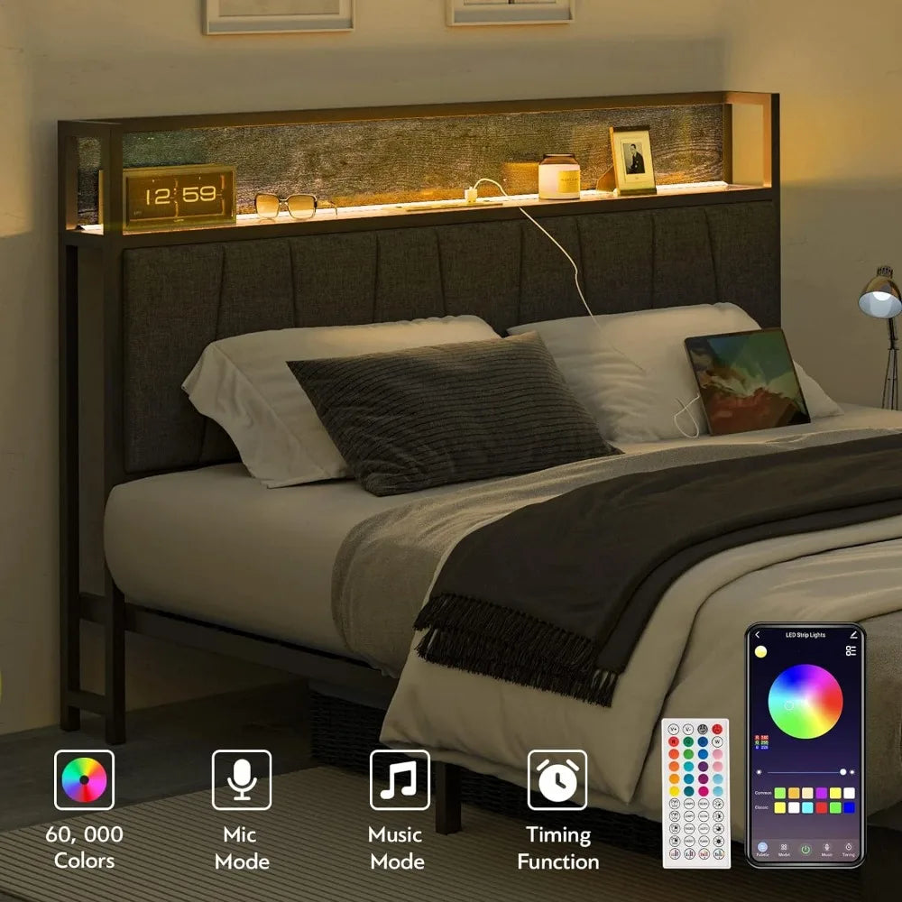 Queen Size Bed Frame with Headboard and Storage, Drawers Platform Bed Frame with Storage Chargin Station LED Light Bed Frame - Home Fusion