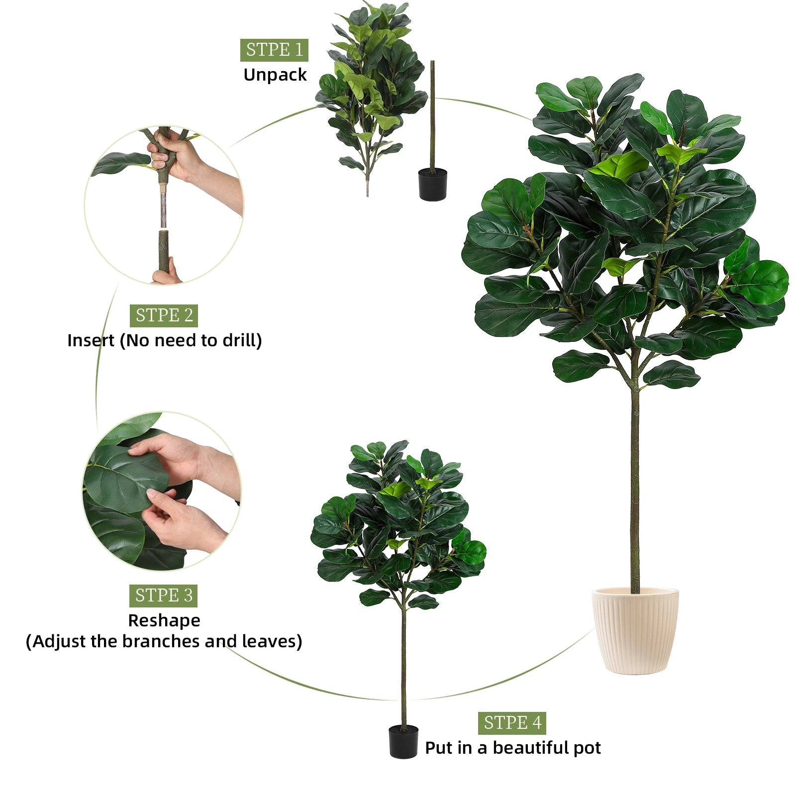5.2 Ft Artificial Fiddle Leaf Fig Tree, Faux Ficus Lyrata Plant with 62 Fiddle Leaves, Tall Fake Plants Large Floor Plant - Home Fusion