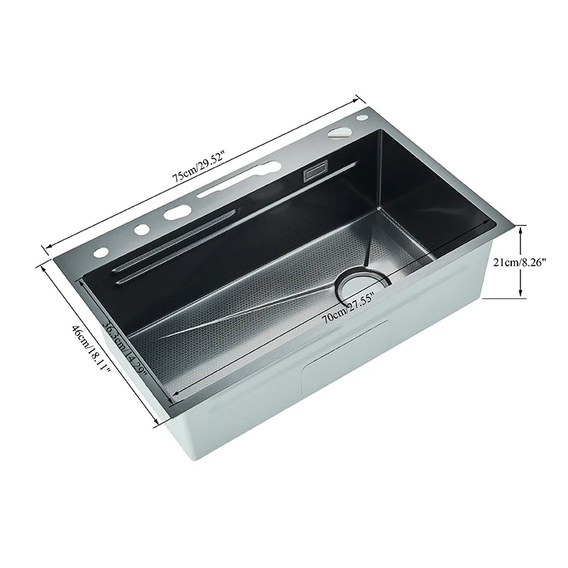 304 Stainless Steel Waterfall Kitchen Sink Large Single Slot Integrated Digital Display Faucet Set Soap Dispenser Cup Washer Home Fusion