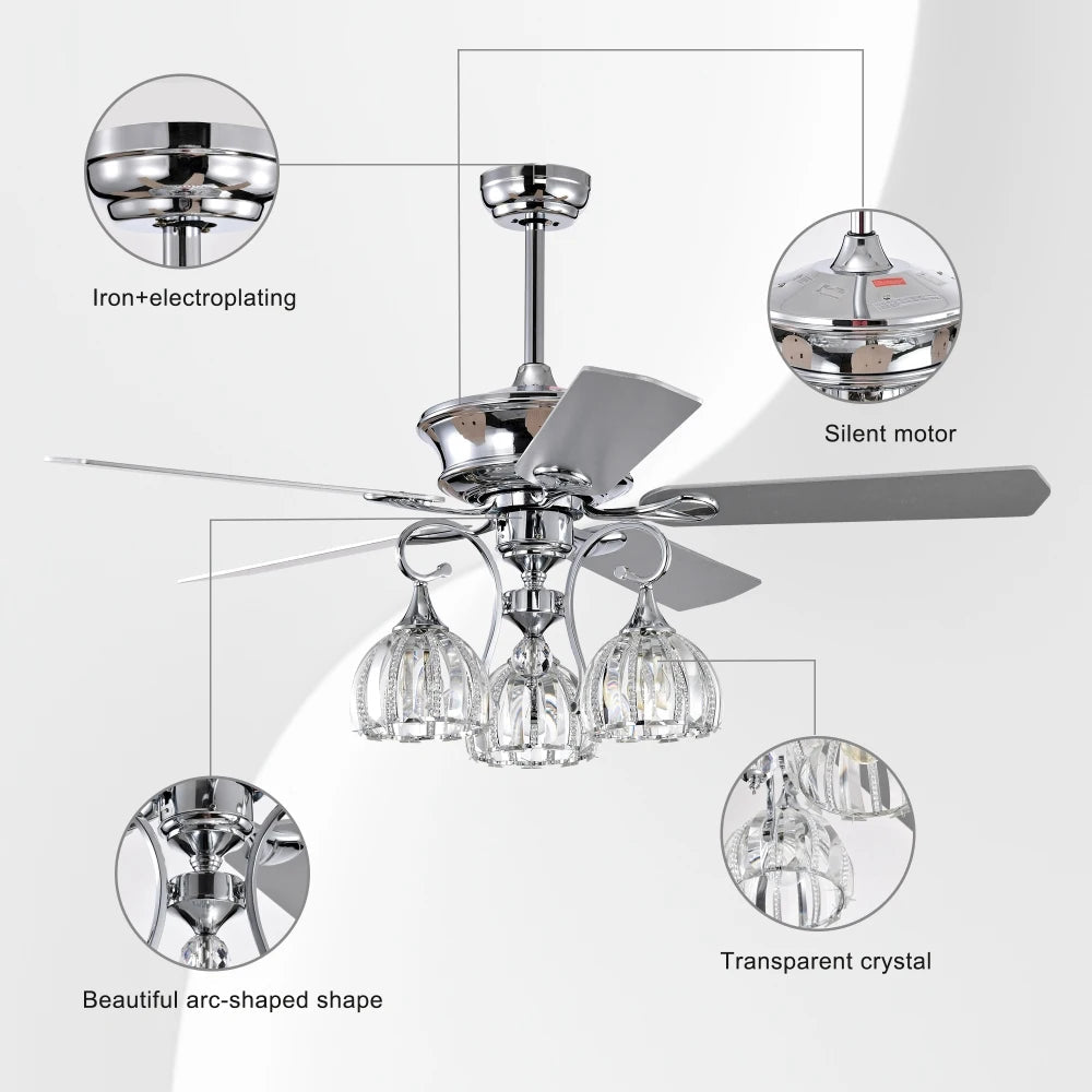 52''Crystal Ceiling Fan Lamp with Remote Control  3 Speed,5 Reversible Blades for Living Room,Dining Room,Bedroom - Home Fusion