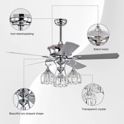 52''Crystal Ceiling Fan Lamp with Remote Control  3 Speed,5 Reversible Blades for Living Room,Dining Room,Bedroom - Home Fusion
