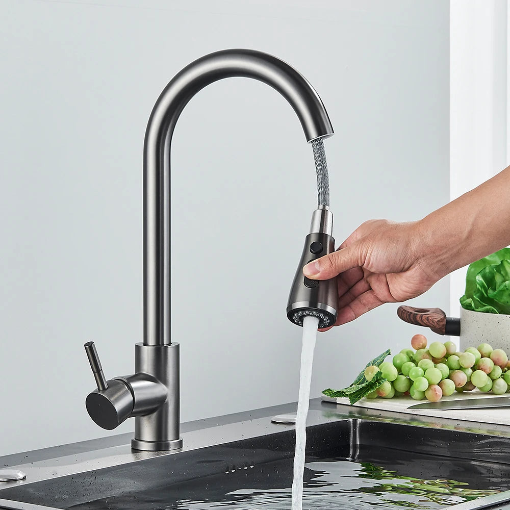 Brushed Nickel Kitchen Faucet Flexible Pull Out Nozzle Kitchen Sink Mixer Tap Stream Sprayer Head Deck Black Hot Cold Water Taps - Home Fusion