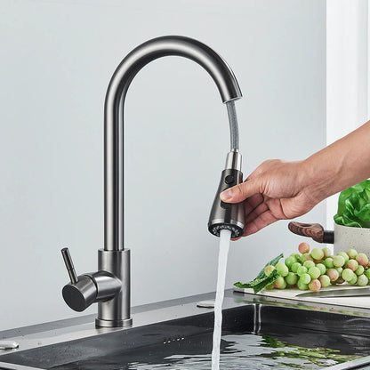 Brushed Nickel Kitchen Faucet Flexible Pull Out Nozzle Kitchen Sink Mixer Tap Stream Sprayer Head Deck Black Hot Cold Water Taps - Home Fusion