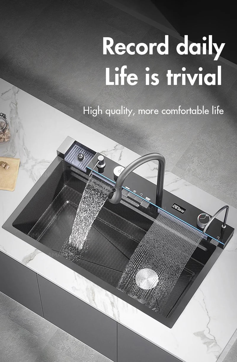 304 Stainless Steel Waterfall Kitchen Sink Large Single Slot Integrated Digital Display Faucet Set Soap Dispenser Cup Washer Home Fusion