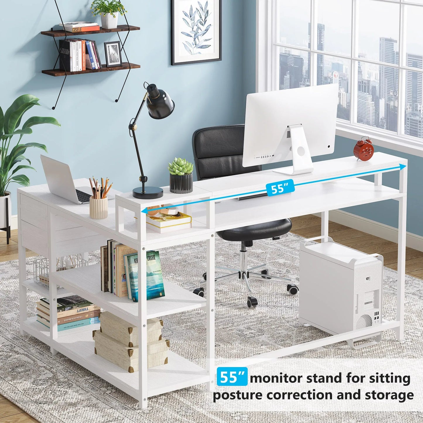 Tribesigns Reversible L Shaped Desk with Drawer, Industrial Corner Desk Home Office Table with Shelves and Monitor Stand - Home Fusion