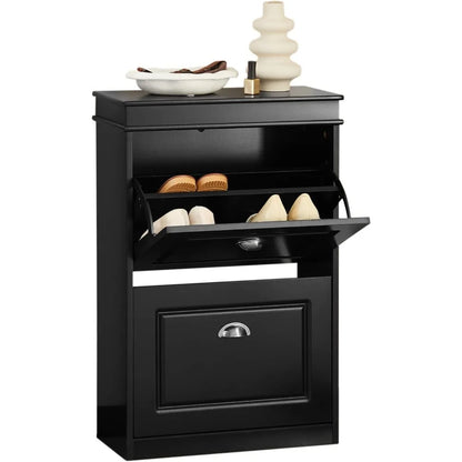 2 Flip-Drawers Shoe Cabinet, Slim Shoe Rack, Shoe Storage Cupboard Organizer Unit for Entryway and Hallway, 21.26"x9.45"x32.68" - Home Fusion