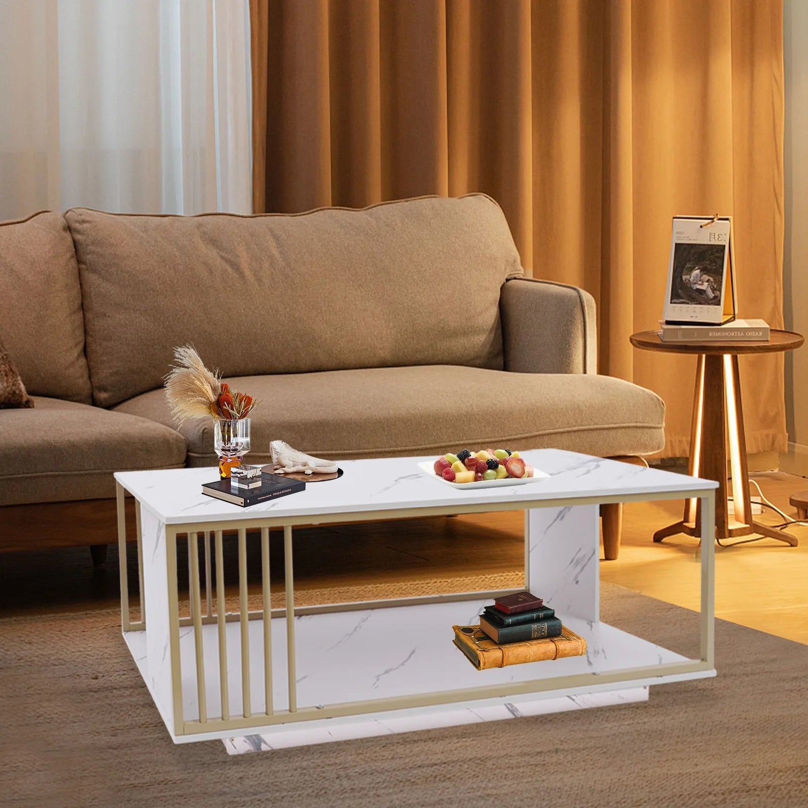 Modern 2-Tier White+Gold Coffee Table High Gloss Marble Veneer Rectangle Living Room Furniture, Waiting Area Table - Home Fusion
