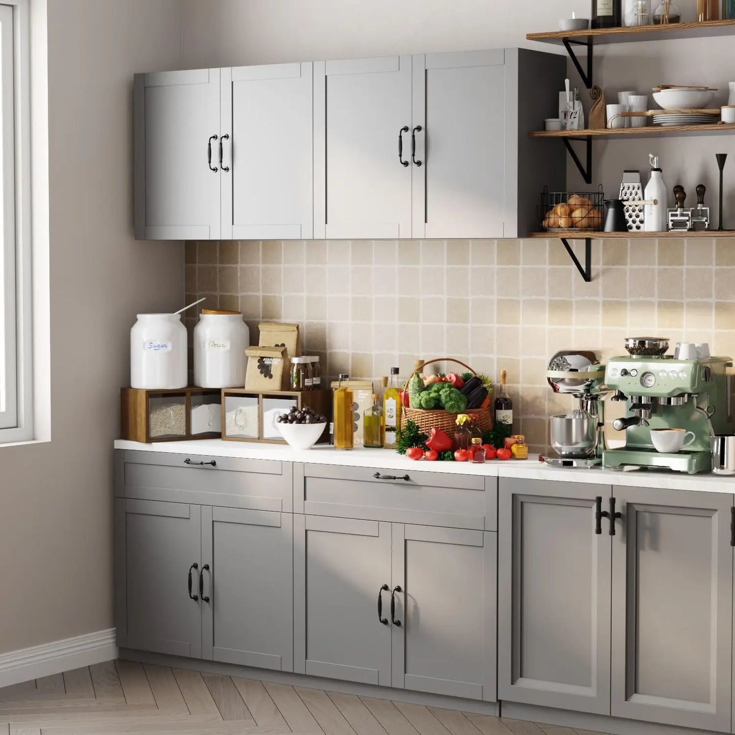 Wall-Mounted Kitchen Pantry with Countertop, with Drawers & Doors, Sufficient Storage, Thickened MDF Board, Kitchen Cabinets - Home Fusion