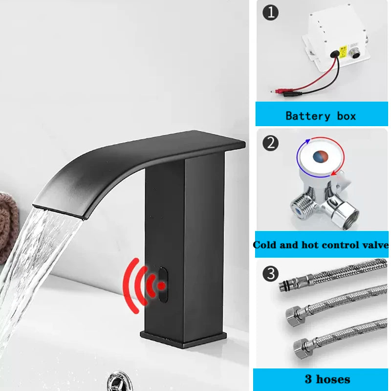 Luxury Matte Black Sensor Bathroom Faucet Cold and Hot Deck Mounted Tap Short and Tall Sink Mixer - Home Fusion